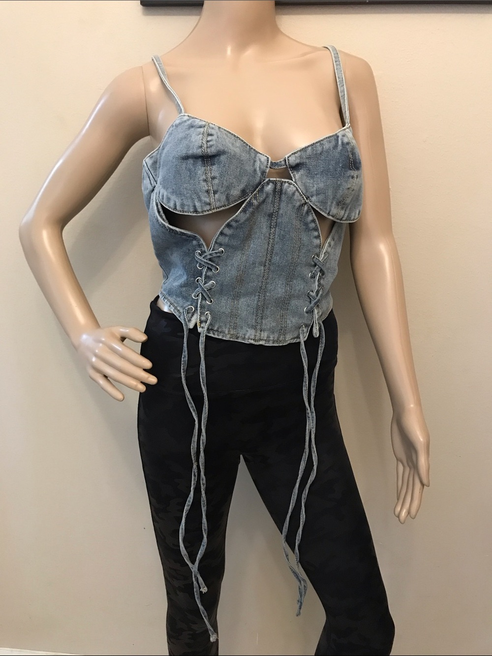 PrettyLittleThing Denim Lace-Up Corset Top - Blue